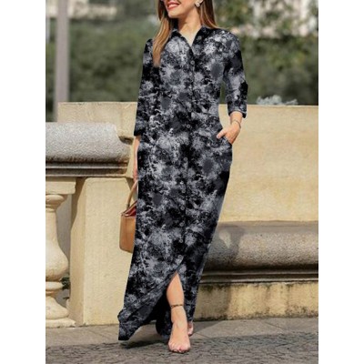 Vintage Print Pocket Lapel Maxi Long Sleeve Shirt Dress