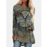 Vintage Floral Printed O  neck Long Sleeve Irregular Hem T  shirt For Women