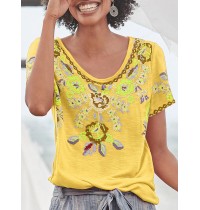 Women Ethnic Print Scoop Neck Short Sleeve Bohemian T  Shirts