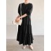 Solid Button Half Sleeve V  neck Loose Casual Maxi Dress