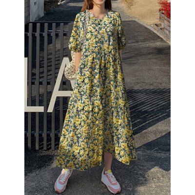 Floral Print Half Sleeve O  neck Loose Dress