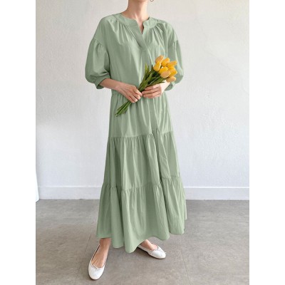 Solid Button Half Sleeve V  neck Loose Casual Maxi Dress