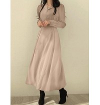 Solid Elastic Waist Button Long Sleeve Lapel Maxi Shirt Dress