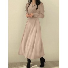 Solid Elastic Waist Button Long Sleeve Lapel Maxi Shirt Dress