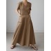 Solid Pocket Short Sleeve V  neck Swing Maxi Dress