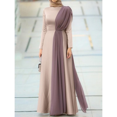 Solid Color Long Sleeve O  neck Mesh Patchwork Maxi Dress