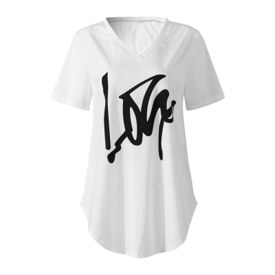 Letter Print V  neck Short Sleeve Irregular Hem Causal T  shirts