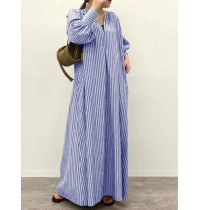 Stripe Print Button V  neck Long Sleeve Loose Shirt Dress