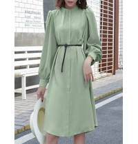 Solid Color Long Sleeve O  neck Puff Dress