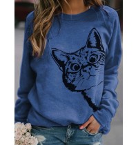 Women Cute Cartoon Cat Print Round Neck Loose Casual Long Sleeve T  Shirts