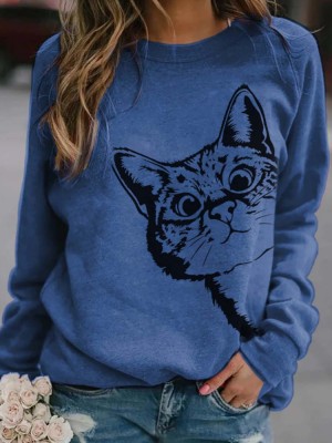 Women Cute Cartoon Cat Print Round Neck Loose Casual Long Sleeve T  Shirts