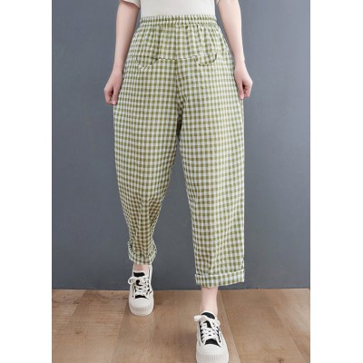 Plus Size Green Plaid elastic waist Plaid Linen Pants Spring