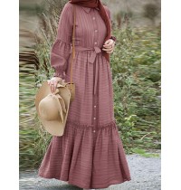 Striped Long Sleeve Turn  down Collar Long Sleeve Maxi Dress With Belt