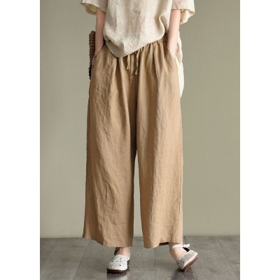 Loose Dark Khaki elastic waist drawstring Linen wide leg pants Spring