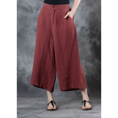 2019 red loose linen pants fall women pockets wide leg pants