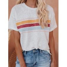 Rainbow Stripes Patchwork Round Neck Short Sleeve Daily Casual T  shirts For Women