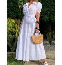 Solid Puff Sleeve Belt Bow Button Lapel Maxi Shirt Dress