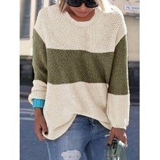 Women Casual Crew Neck Patchwork Long Sleeve Sweaters