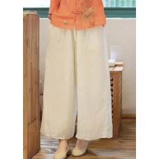 Bohemian White elastic waist drawstring Pockets Linen wide leg Pants Spring