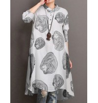 Women Cotton Tree Ring Floral Print Long Sleeve Button Down Casual Shirts Dress